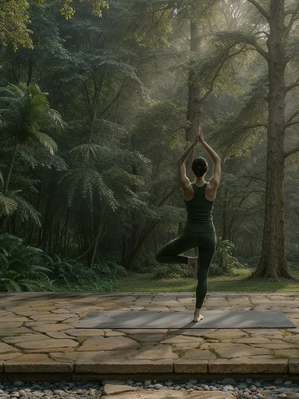 A stone yoga deck in a forest glade, lit by a shaft of morning light