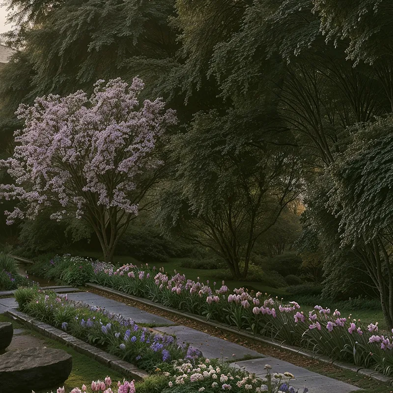 A flowering tree over beds of irises and a stone path in the botanical garden