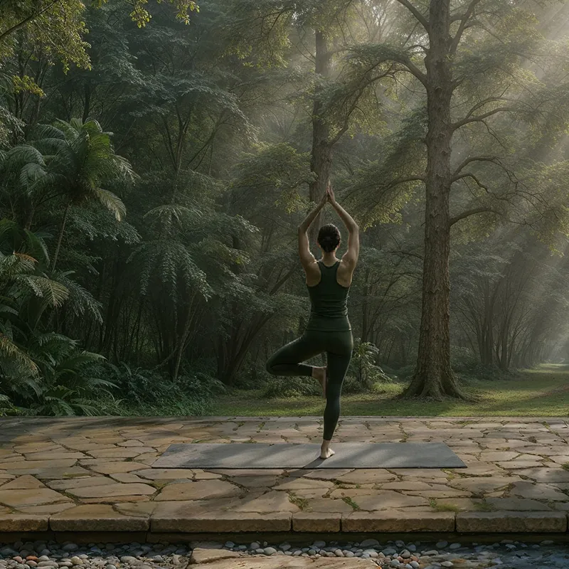 A yoga deck framed by tall forest trees