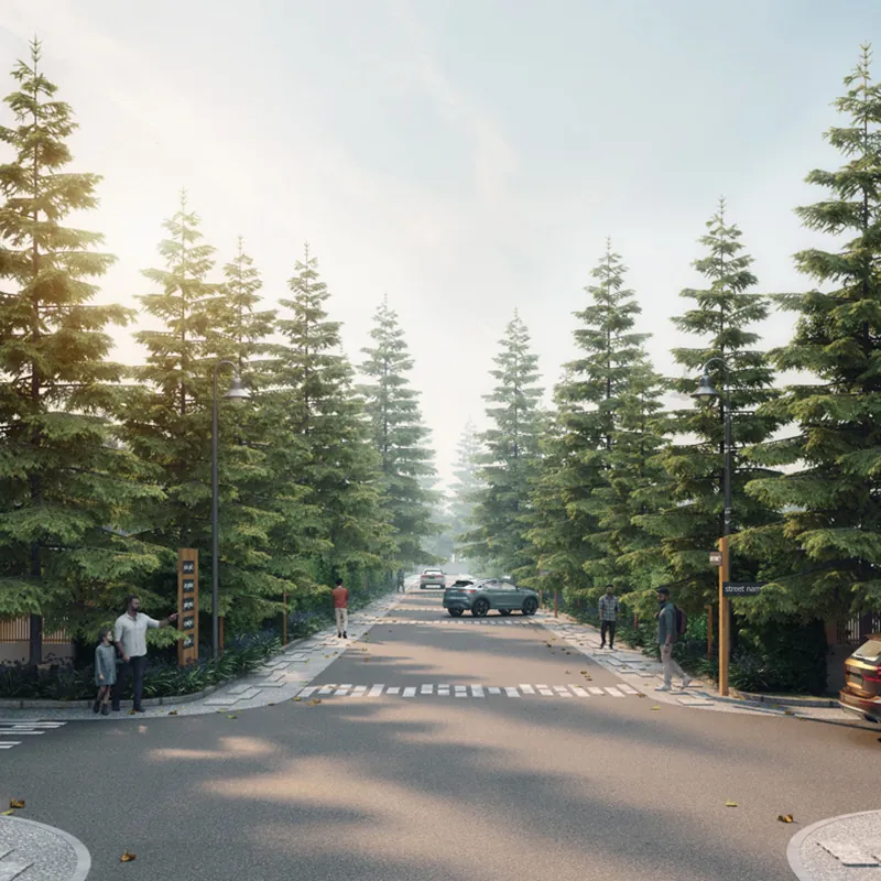 A quiet street lined with tall trees, at Manyata Ekamara