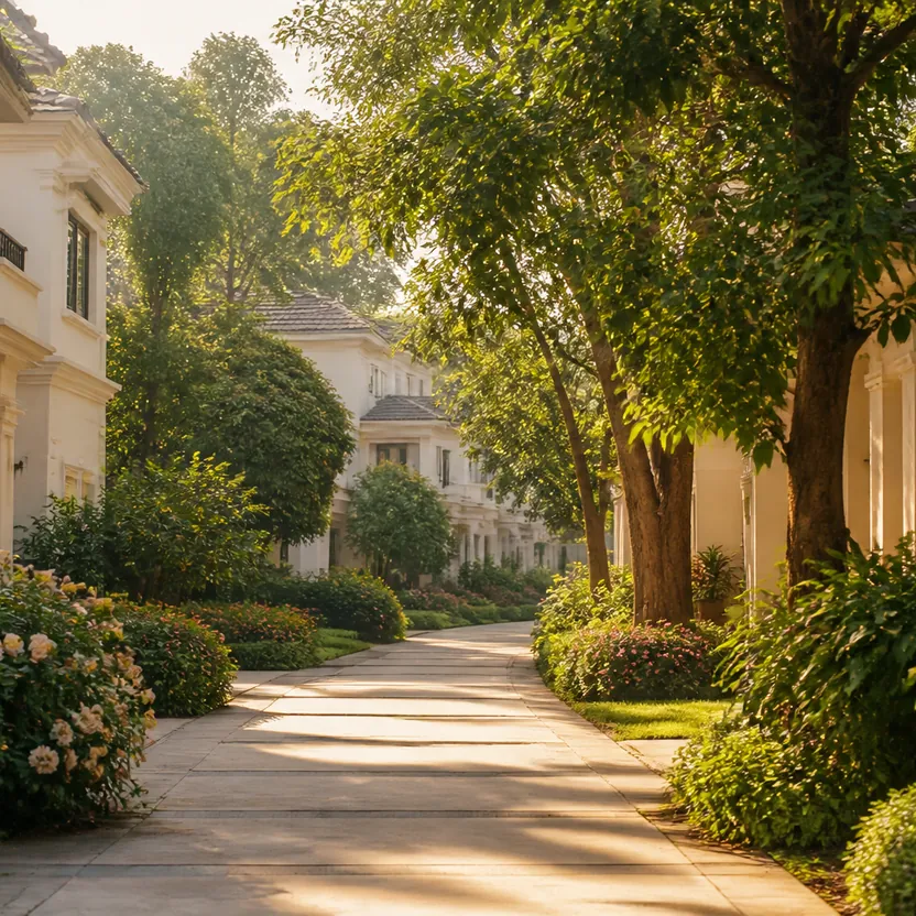 A garden path between villas and flowering shrubs, at Manyata Summer Skies