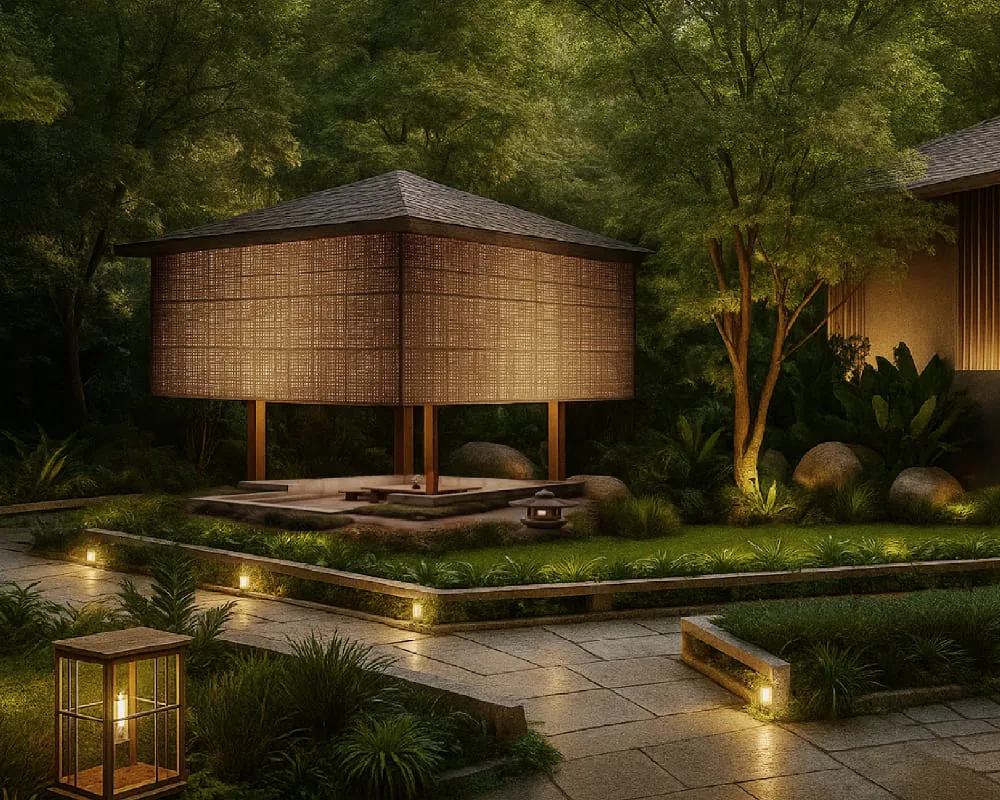 A lantern-lit timber pavilion among ferns, boulders and a stone path at dusk, at Manyata Ekamoi Phase 2